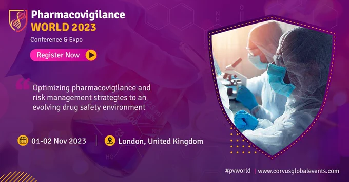 The banner describes: Save the date & register for Pharmacovigilance World (01-02 Nov) https://bit.ly/43xtDgF. 

Secure exclusive #SMPDiscounts for @corvusglobal's #PharmacovigilanceWorld 2023 using code SMP10 #ad #PVWORLD #PV #Pharmacovigilance