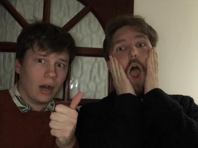 A photo of Mitch and Alastair looking shocked
