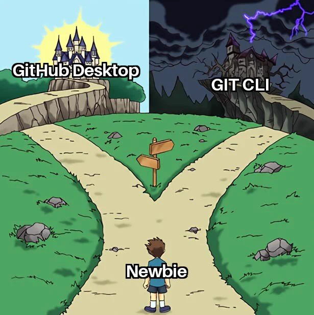 A meme showing a new development choosing repository management either with GitHub GUI based desktop or with pure git cli