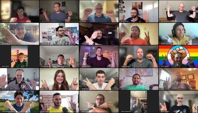 Participants of iOSDevHappyHour in a Zoom meeting, holding up their hands as either rock paper or scissors