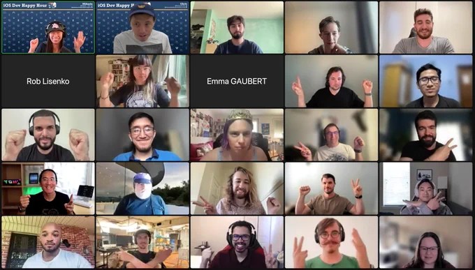 Participants of iOSDevHappyHour in a Zoom meeting, holding up their hands as either rock paper or scissors