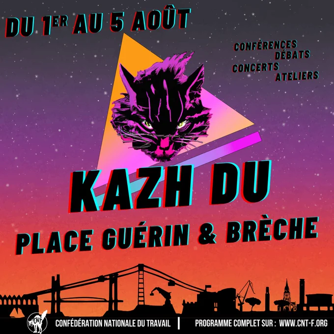 [Info Kazh Du]

Suite à l’expulsion de l’avenir, lieu où devait se tenir notre festival la semaine prochaine (du 1er au 5 août), nous avions décidé de ne pas annuler l’événement , quoi qu’il se passe et de maintenir le programme dans son entièreté. 
Kazh Du aura donc lieu sur la Place Guérin pour l’ensemble du festival sauf pour le jeudi soir (la projection) et le samedi (conférence et concert) qui auront lieu à Brèche, à Kerinou. 
Les détails vont arriver rapidement dans les prochains jours ! Restez attentif·ves et venez nombreux·ses à Kazh Du !