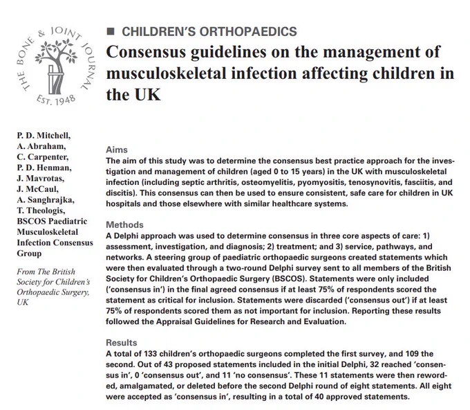 Abstract text for article titled 'Consensus guidelines on the management of musculoskeletal infection affecting children in the UK'.