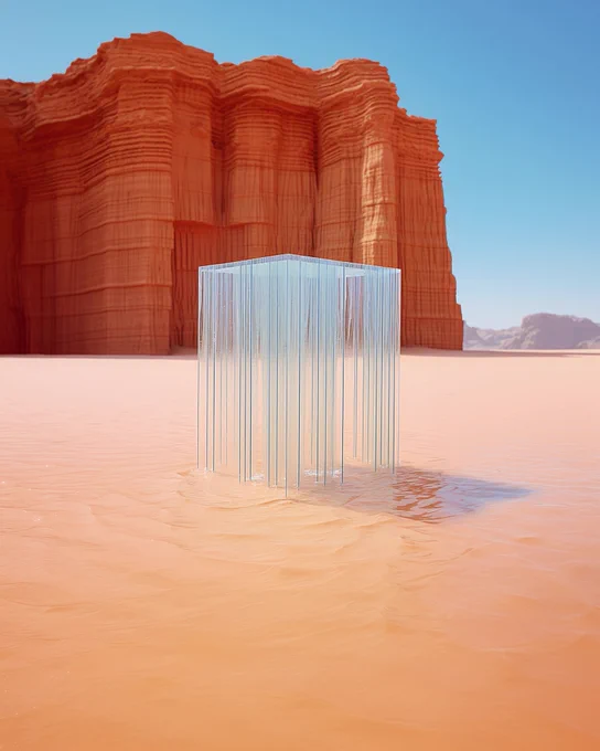 Body of water in desert, in the style of surreal architectural landscapes, national geographic photo, hasselblad:: Imaginary nondimensional object, sharp blobs of translucent plastic clay --w 250 --s 250 --ar 21:9 --style raw