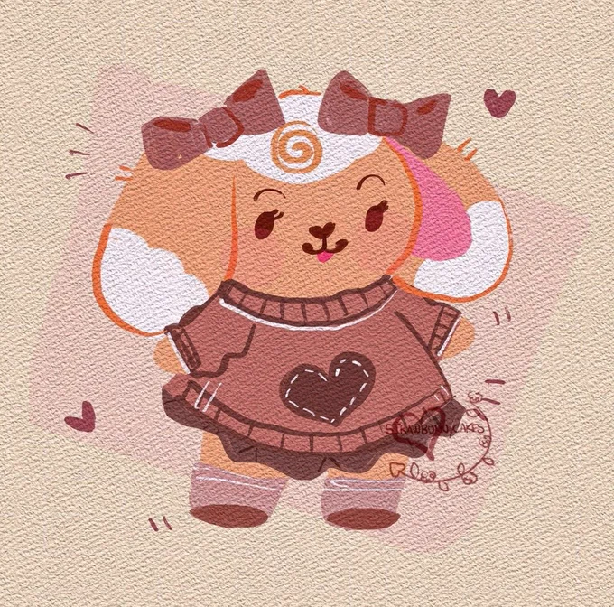 A stylized illustration of a beige and white lop-bunny character wearing a brown sweater and matching skirt, socks, and shoes. She's wearing two brown bows on her floppy ears as well. She is standing in front of a light and muted brown and yellow background.