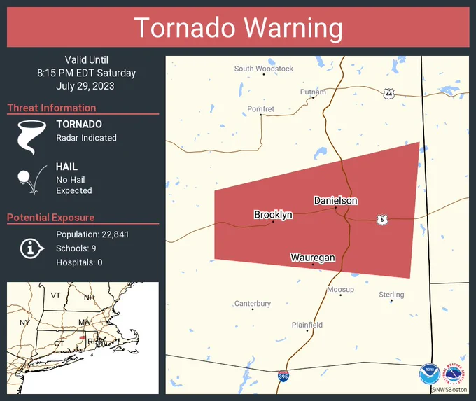 This graphic displays a tornado warning plotted on a map. The warning is in effect until 8:15 PM EDT. The warning includes Danielson CT, East Brooklyn CT and Wauregan CT.  This warning is for East Central Windham County. The threats associated with this warning are a radar indicated tornado and no hail is expected. There are 22,841 people in the warning along with 9 schools and 0 hospitals.