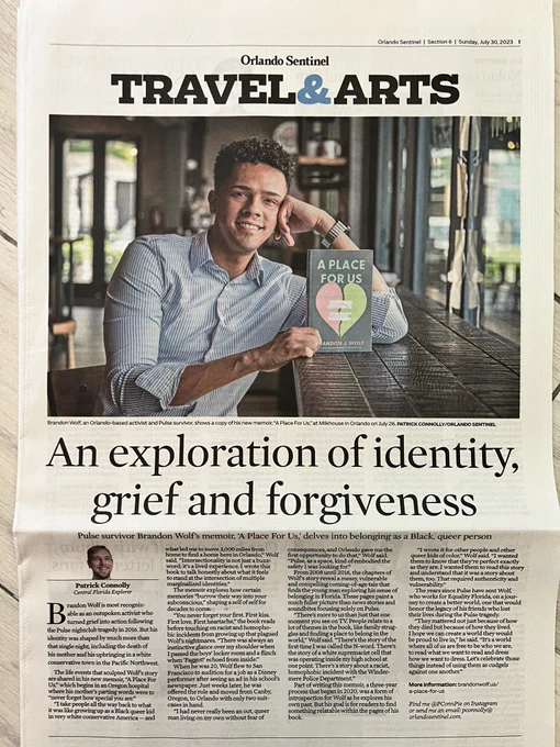first page of the travel and arts section featuring a photo of brandon