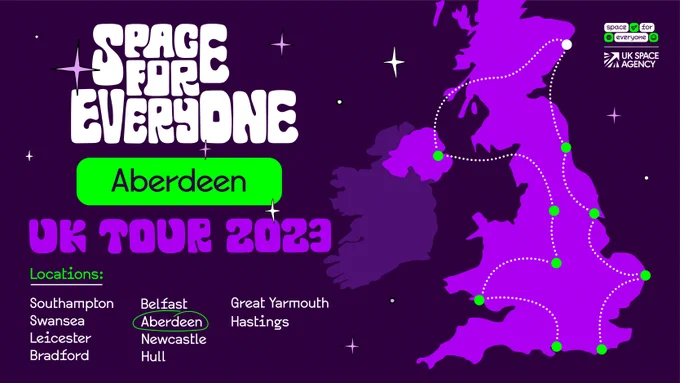 Space For Everyone
Aberdeen
UK Tour 2023
Locations: Southampton | Swansea | Leicester | Bradford | Belfast | Aberdeen (circled) | Newcastle | Hull | Great Yarmouth | Hastings