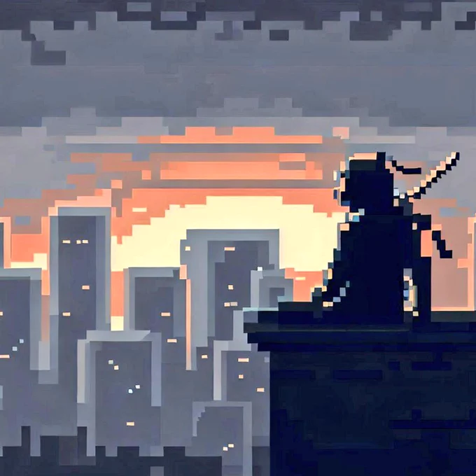 Bild aus WhatsApp-Spiel. Pixel-Grafik mit Ninja vor Skyline Stadt. 