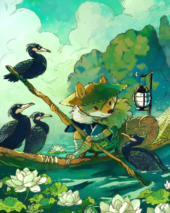 Digital painting of a shiba inu fisherman.  The dog is wearing a wide brimmed hat and blue tunic.  He is sitting on a raft holding an oar.   He is surrounded by cormorants.  In the foreground are lily pads and white flowers. 