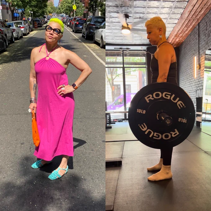 Two pictures of Mona. On the left, she is standing in the middle of a street wearing a pink halter dress with her hand on her hip. On the right, she is in a gym dressed in a black top and black leggings and carrying a barbell loaded with weights.