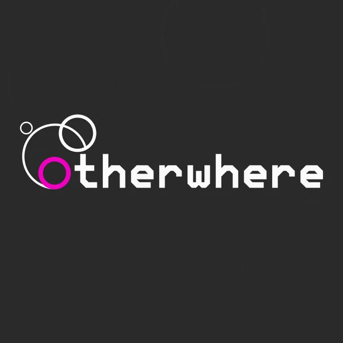 Otherwhere cover art designed by @madlobotanist. A black background with gray circles and white text that reads "Otherwhere" but the O is pink and has some arcs and circles around it.