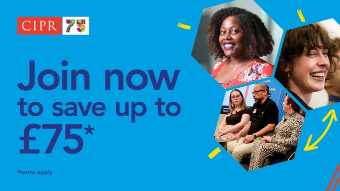 CIPR 75 logo top left. Blue background. Headline: Join now to save up to 75 pound. Images of three CIPR members on the right.