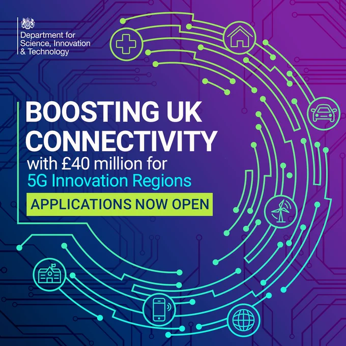 A futuristic graphic showing services linked by lines. Text reads "Boosting UK Connectivity with £40 million for 5G Innovation Regions. Applications now open"