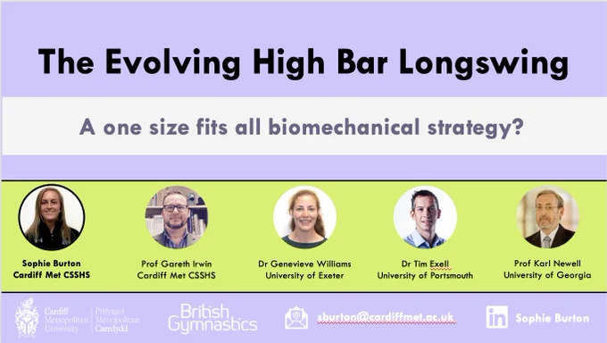 Title slide for the presentation titled "The evolving high bar longwing: A one size fits all biomechanical strategy?:"