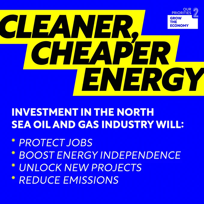 Graphic reads: Cleaner, cheaper energy. Investment in the north sea oil & gas industry will: protected jobs, boost energy independence, unlock new projects, reduce emissions. 
