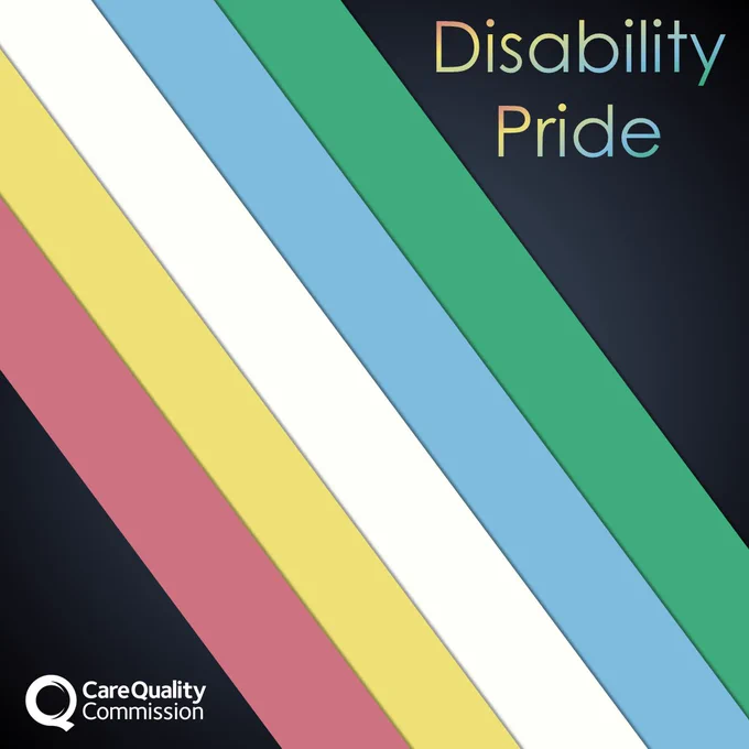 large text reads disability pride, whilst the flag colours of pastel red, yellow, white, light blue and green bands cover the background diagonally