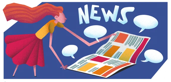 On a blue background a cartoon woman with long flowing read hair reads a newspaper. Above the newspaper is several speech bubbles and the word "NEWS"