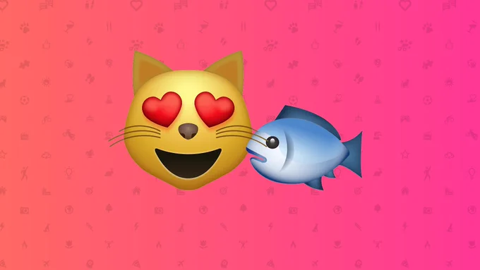 On a pink background, a cartoon emoji-style Cat with loveheart eyes sits next to a fish.