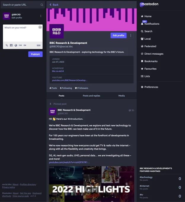 A screenshot of the BBC R&D Mastodon page