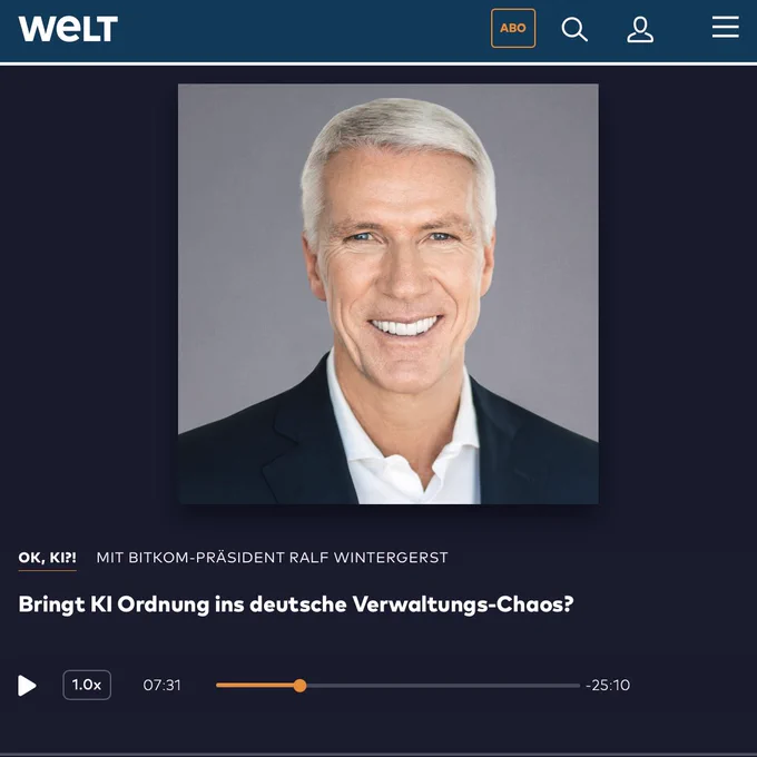 Mobile Webseitenansicht des Welt-Podcasts „OK, KI?!“ mit Foto von Ralf Wintergerst und dem Titel der aktuellen Folge „Bringt KI Ordnung ins deutsche Verwaltungs-Chaos?“