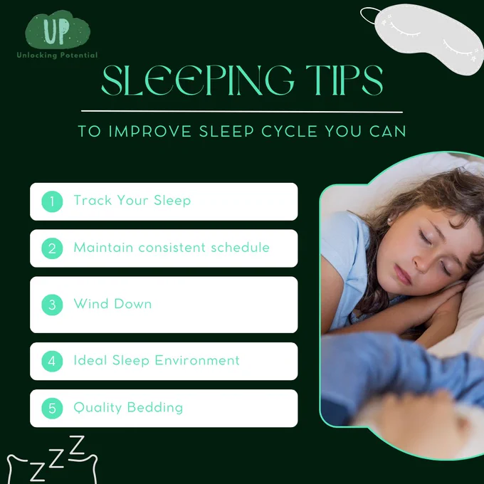 The image shows 5 tips to improve the sleep cycle that will boost overall mental health.
