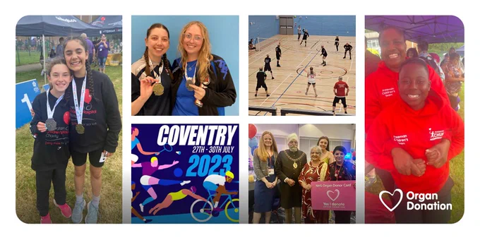 A collection of photos taken from the British Transplant Games, showing people taking part in sports, holding medals and holding the pink NHS Organ Donor Card.