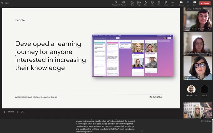 Members of the design team on a Teams call with the Digital Workspace team at KPMG and a slide about developing a learning journey for anyone interested in increasing their knowledge of accessibility