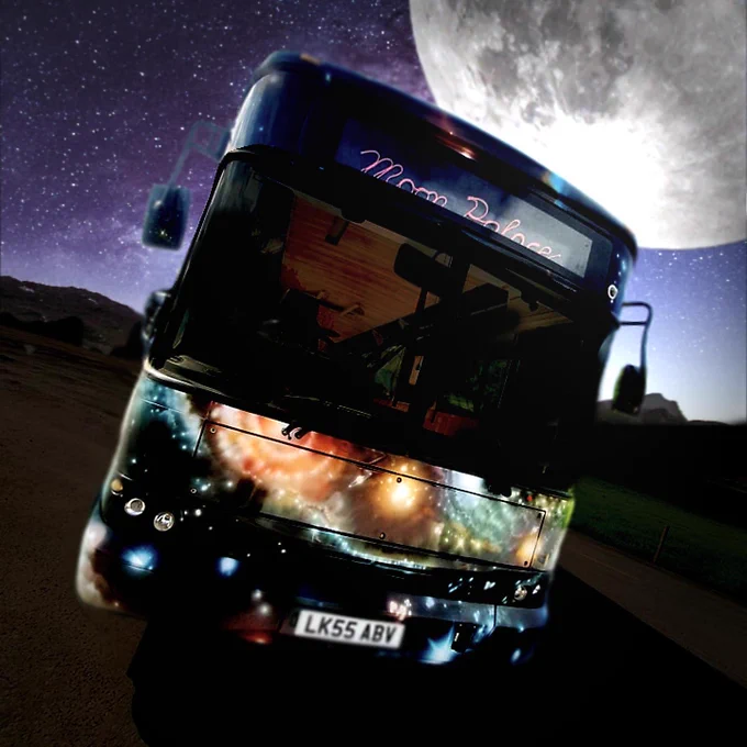 A bus with solar drawings on, behind the bus there is the moon in a dark blue/purple coloured sky.