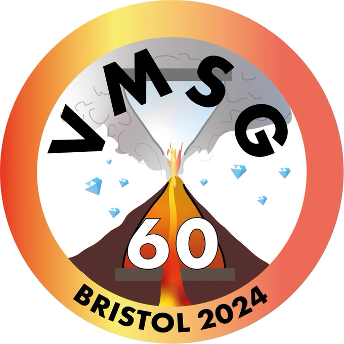 VMSG 2024 logo, an erupting volcano in a circular border, with an hourglass imprinted over the erupting volcano. It is raining diamonds to commemorate the 60th anniversary
