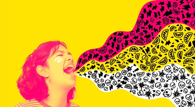 Against a vibrant, yellow background, a young woman screams out doodles of shapes and symbols in black, yellow and pink.