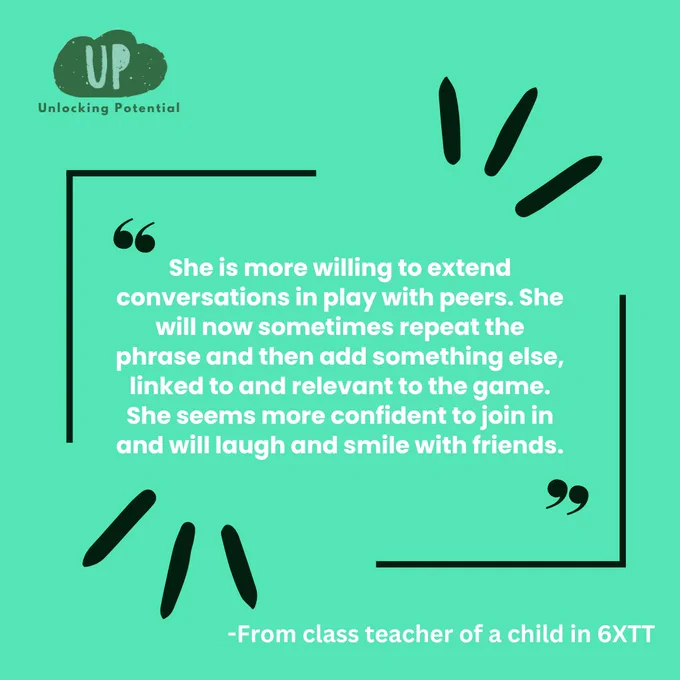 The image shows a quote from a class teacher of a child going through positive transformation via Therapy