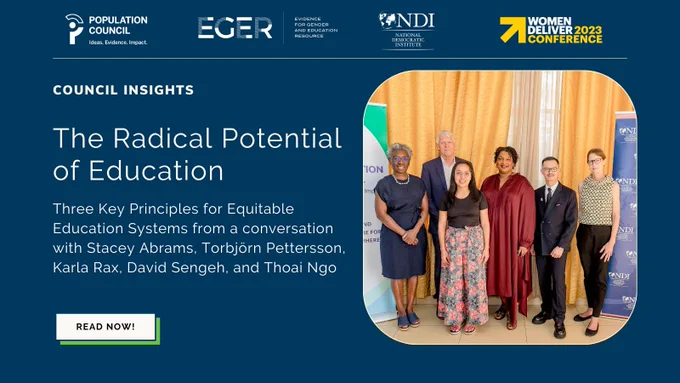 On the left, title of blog "The Radical Potential of Education." On the right is a photo of speakers, panelists or participants from the 'Creating Radical Possibilities for Girls' Education and Civic Participation' event. From L-R, Sandra Pepera, Torbjorn Pettersson, Karla Rax, Stacey Abrams, Thoai Ngo, Nicole Haberland