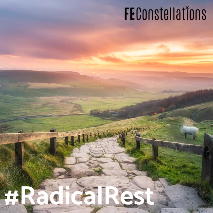 A charming countryside scene in shades of pink, featuring cobblestone stairs leading up a gentle slope, surrounded by picturesque rural landscapes.