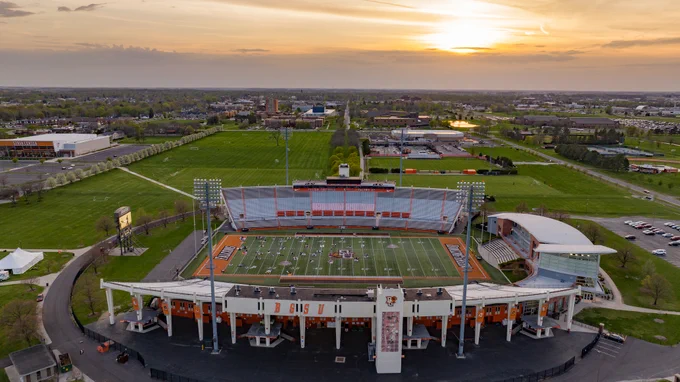 Drone of BGSU at sunset