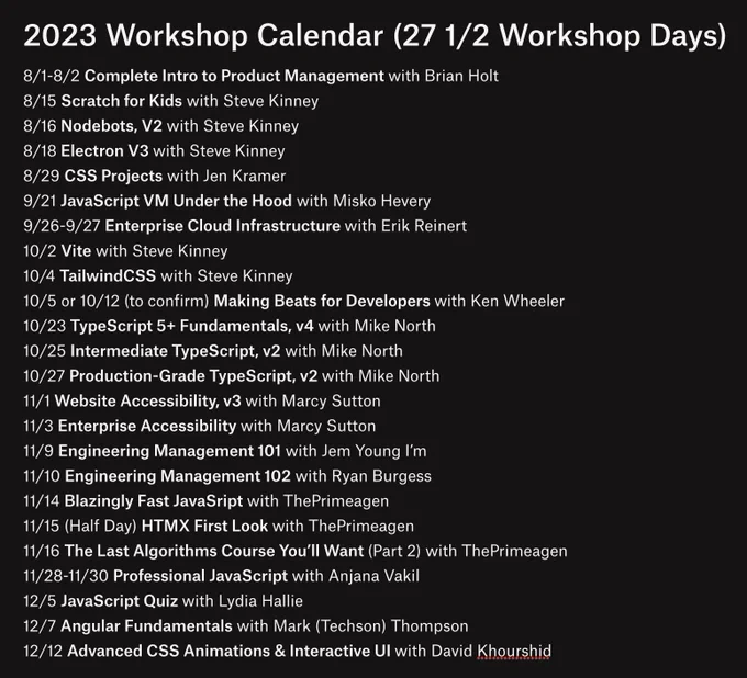 Frontend Masters 2023 Fall/Winter Workshop Calendar