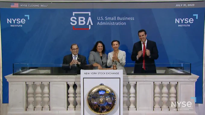 SBA Administrator Isabella Guzman rings the closing bell of the NYSE on July 31 in honor of the SBA's 70th aniiversary