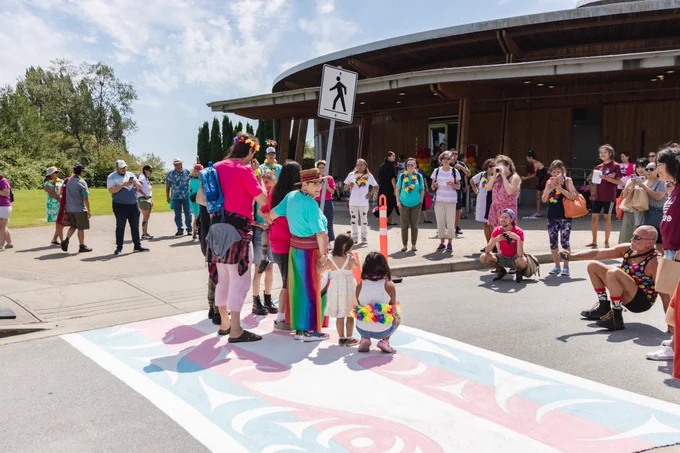 A family group photo on the new crosswalk