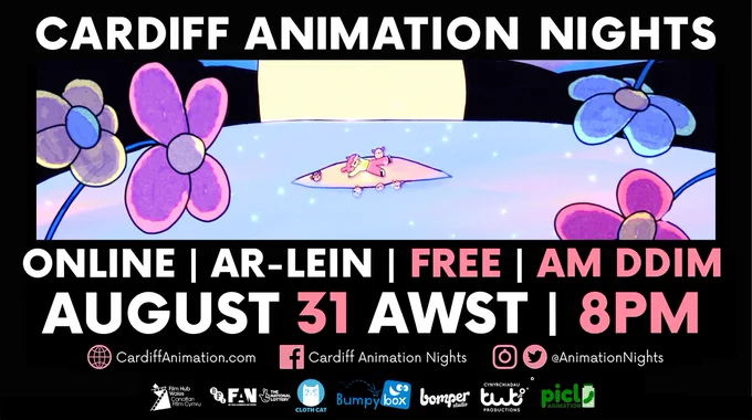 Cardiff Animation Nights poster with a still from an animated film, then details: Online, Free, 8pm on August 31st. 