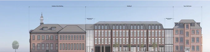 north elevation of the B9 development of Hendon Hub showcasing the huge mega block attached to the back and courtyard of Hendon Library in the east and connected to the Town Hall Annexe in the west. 