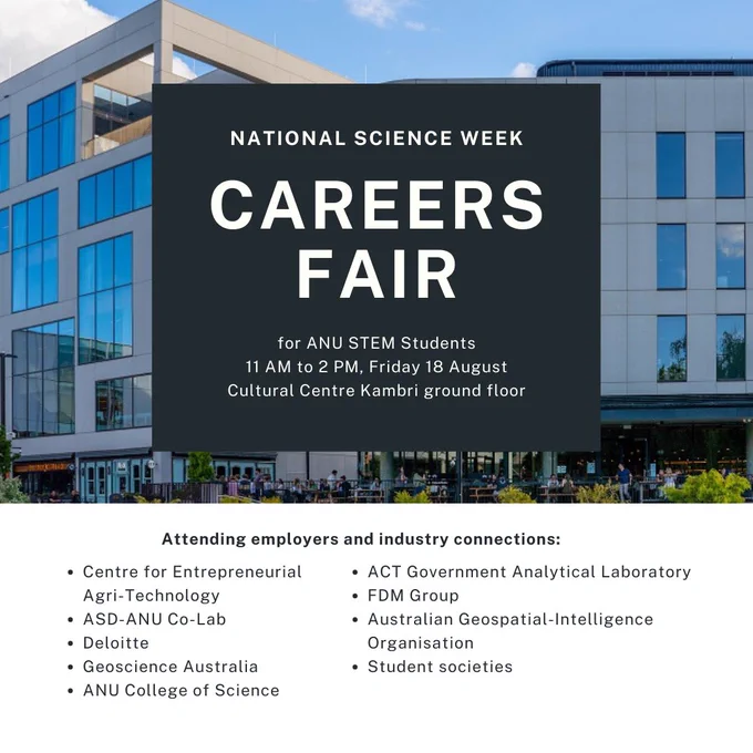 National Science Week Careers Fair for ANU STEM students. 11am to 2pm, Friday 18th August, Culutral Centre Kambri ground floor