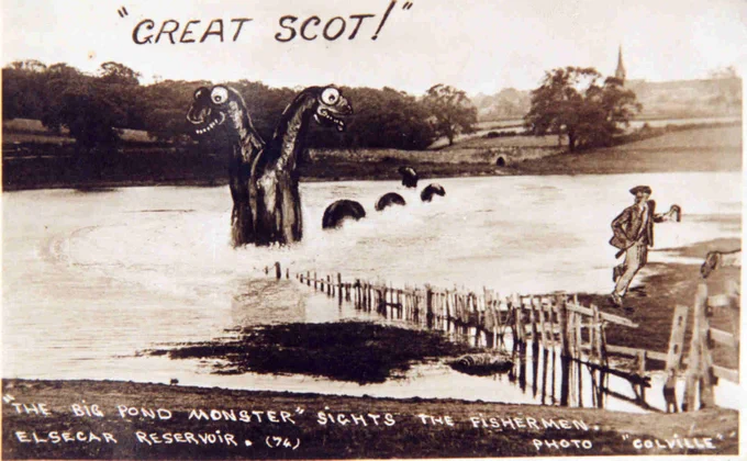 A drawing of the loch ness monster in Elsecar reservoir. With the title Great Scot