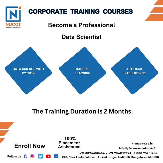 𝐃𝐚𝐭𝐚 𝐬𝐜𝐢𝐞𝐧𝐭𝐢𝐬𝐭𝐬 𝐨𝐟𝐭𝐞𝐧 𝐮𝐬𝐞 𝐩𝐫𝐨𝐠𝐫𝐚𝐦𝐦𝐢𝐧𝐠 𝐥𝐚𝐧𝐠𝐮𝐚𝐠𝐞𝐬 𝐥𝐢𝐤𝐞 𝐏𝐲𝐭𝐡𝐨𝐧 𝐩𝐫𝐨𝐠𝐫𝐚𝐦𝐦𝐢𝐧𝐠 𝐥𝐚𝐧𝐠𝐮𝐚𝐠𝐞.
Data Science further has many career opportunities by learning Python, AI, and ML.

For more information visit www.nucot.co.in
Email id: nucotbangalore@gmail.com
Phone no:  91 8095430684 /  91 9341219924 / 080 25281255

#datascience #datasciencewithpython #ai #python #dataanalytics #jobs #bigdata #datascientists #machinelearning #ml #artificalintelligence #deeplearning #nucot #training