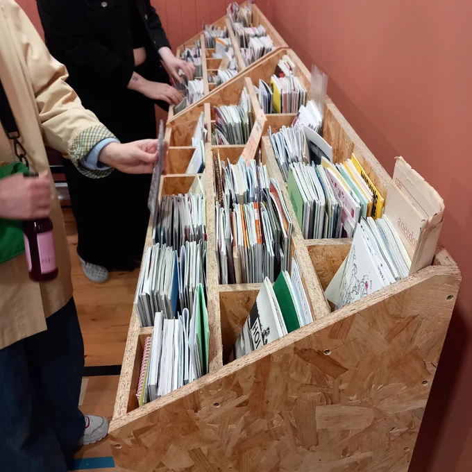 A hand reaches for zines on a shelf