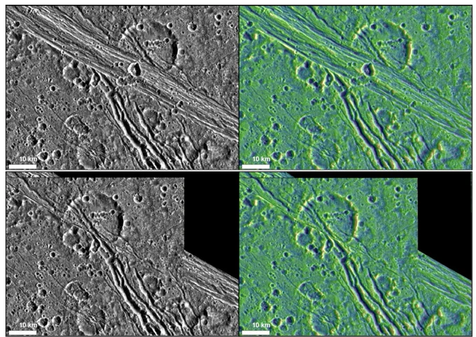 The largest crater in the western portion of the northern region of Anshar Sulcus (Ganymede). In the, the upper panels show the current position of the crater as seen from the 2865_r and 2878_r Galileo SSI images (left) and topographic data (right) , and in the lower panels the images have been manipulated to show the reconstruction of the possible original position of the surface. (Credit: Ianiri et al., 2023).