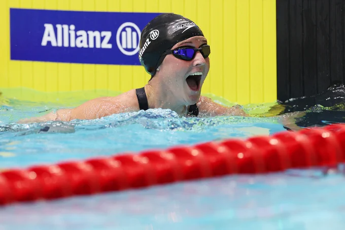 Suzanna Hext celebrates after her victory on day one of the Manchester 2023 Allianz Para Swimming World Championships.