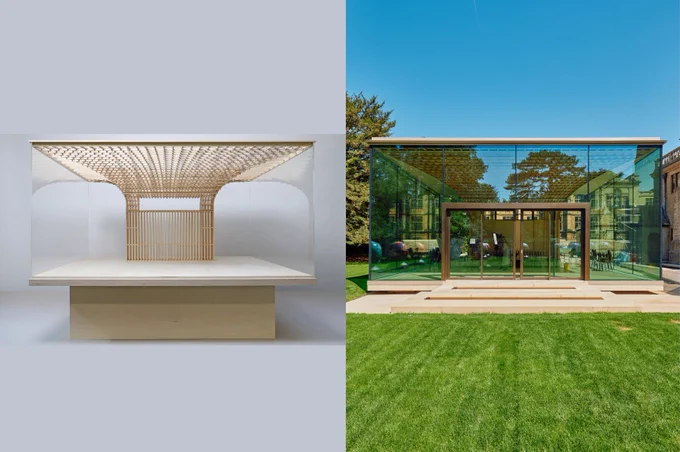Two images: Left is a model of the Garden Pavilion designed and made by Stanton Williams. Right is the finished Garden Pavilion at Rhodes House. 