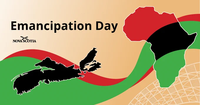 Photo of map of Nova Scotia and map of Africa with text saying Emancipation Day 