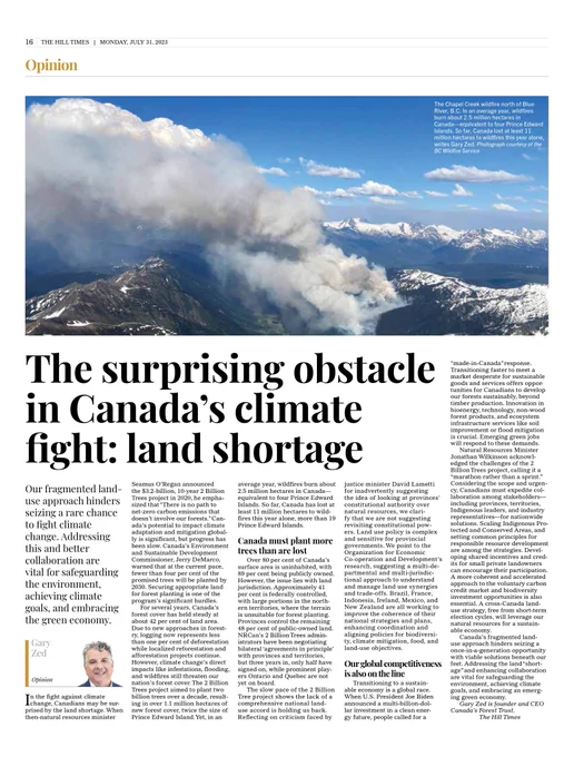 Image of a mountainous landscape, accompanied by an article from The Hill Times with the headline "The surprising obstacle in Canada's climate fight: land shortage." 