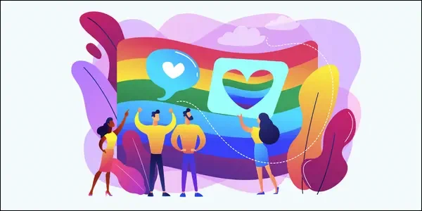 illustration of people, rainbow, hearts, leaves